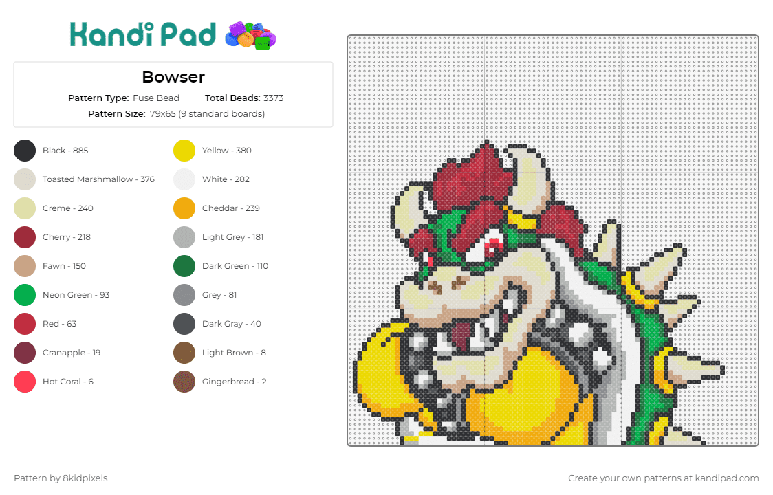 Bowser - Fuse Bead Pattern by 8kidpixels on Kandi Pad - bowser,mario,nintendo,video games
