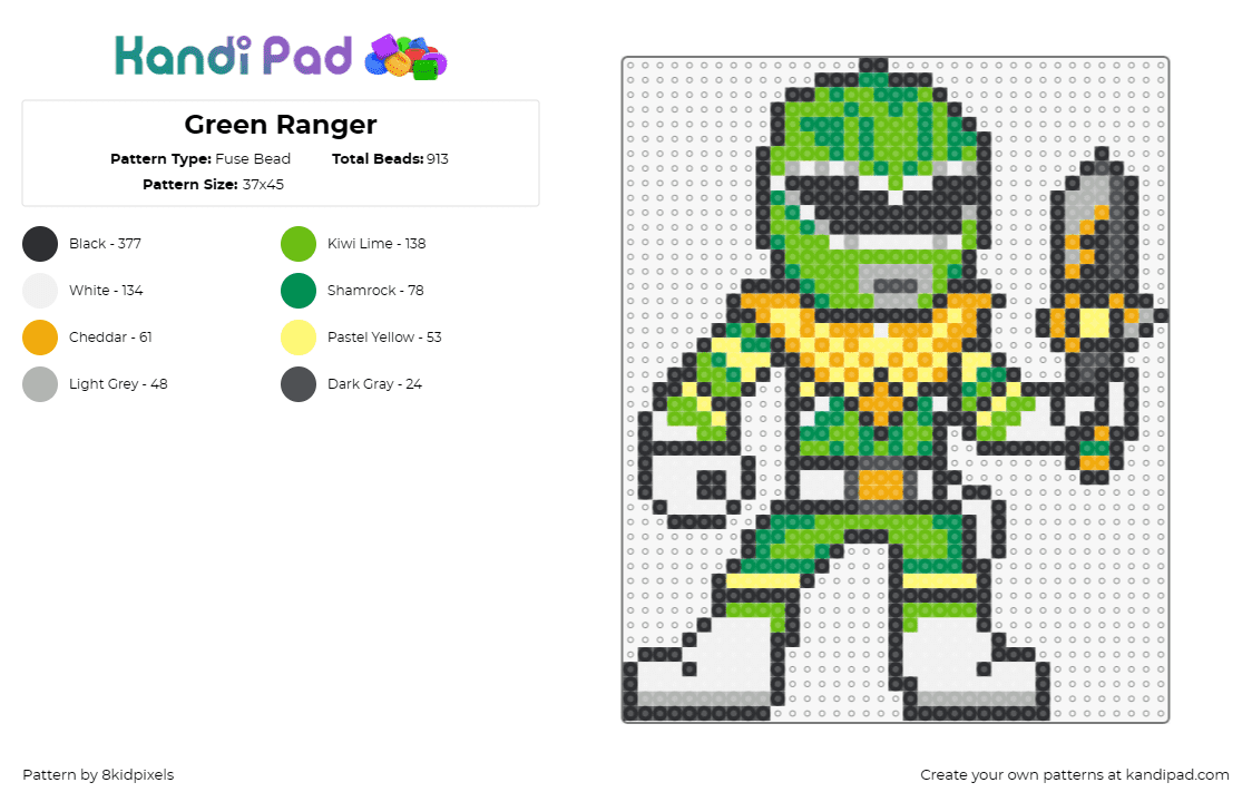 Green Ranger - Fuse Bead Pattern by 8kidpixels on Kandi Pad - power rangers,green,dagger,weapon,character,tv show,classic,nostalgia,martial ar