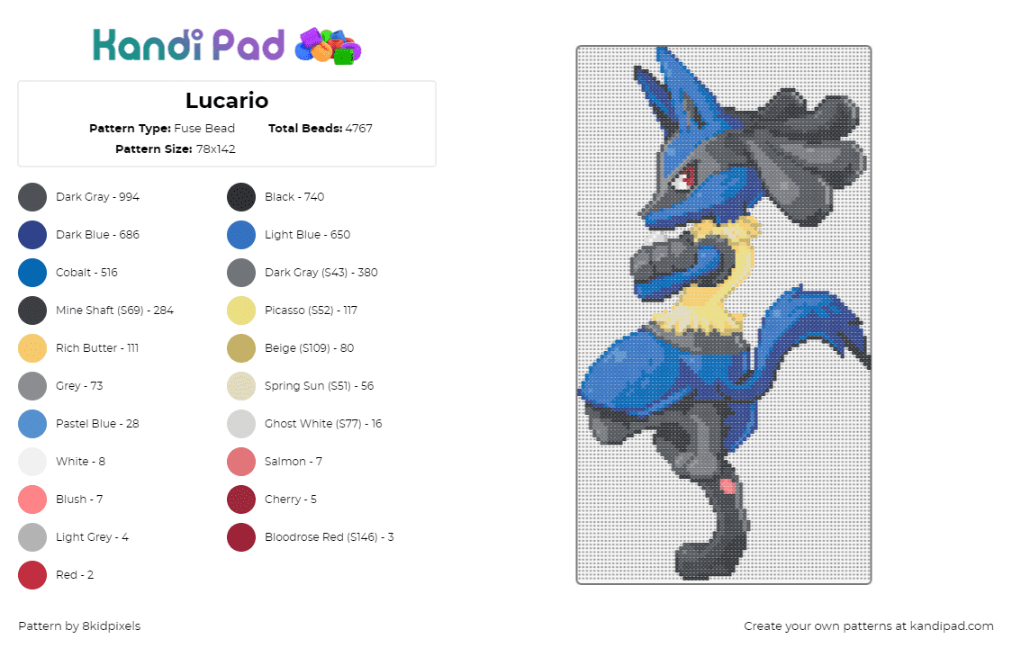 Lucario - Fuse Bead Pattern by 8kidpixels on Kandi Pad - lucario,pokemon,character,gaming,blue,black