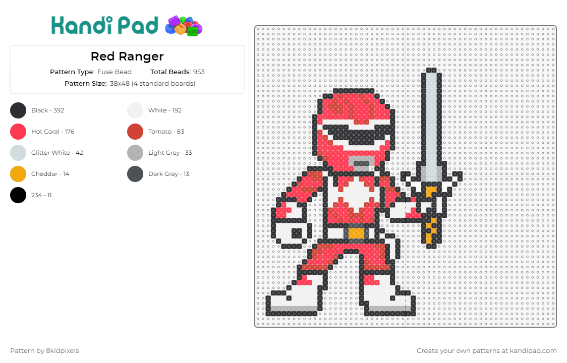 Red Ranger - Fuse Bead Pattern by 8kidpixels on Kandi Pad - red ranger,power rangers,sword,tv shows