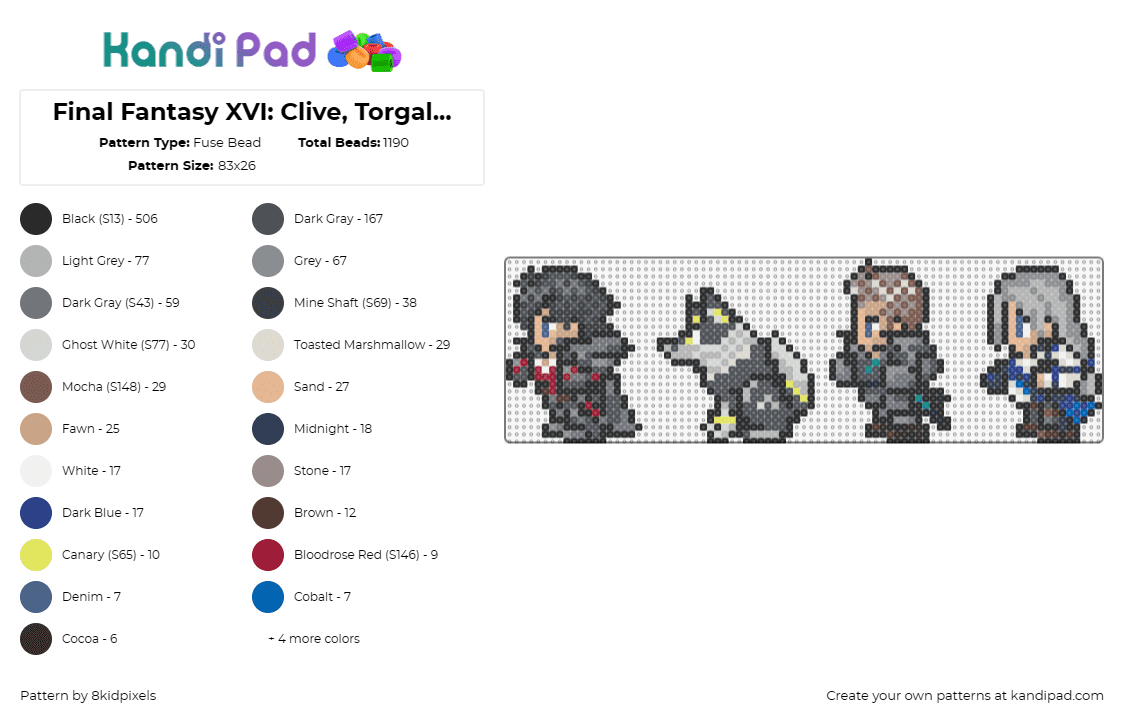 Final Fantasy XVI: Clive, Torgal, Cid, and Jill - Fuse Bead Pattern by 8kidpixels on Kandi Pad - final fantasy,epic,adventure,gaming,characters,clive,torgal,cid,jill