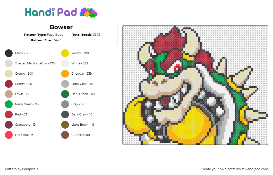 Bowser - Fuse Bead Pattern by 8kidpixels on Kandi Pad - bowser,mario,nintendo,video game,character,yellow,green,beige