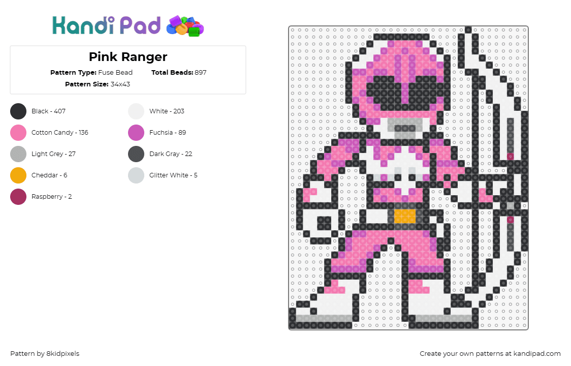 Pink Ranger - Fuse Bead Pattern by 8kidpixels on Kandi Pad - power rangers,pink,bow,weapon,character,tv show,classic,nostalgia,martial arts,w