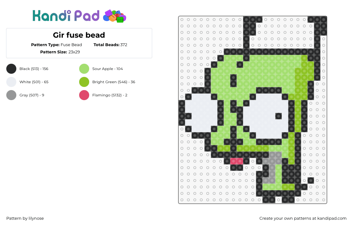 Gir fuse bead - Fuse Bead Pattern by lilynose on Kandi Pad - gir,invader zim,character,cartoon,tv show,costume,dog,robot,cute,silly,green,white