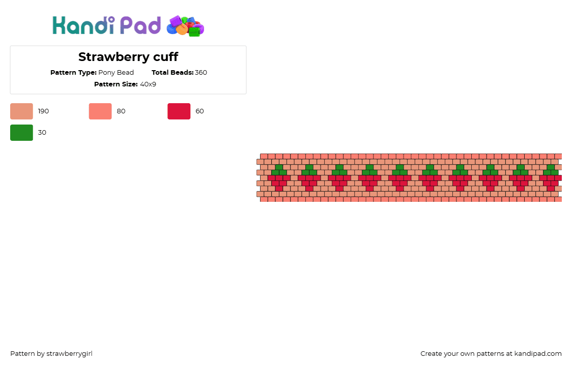 Strawberry cuff - Pony Bead Pattern by strawberrygirl on Kandi Pad - strawberries,fruit,repeating,summer,cuff,food,pink,red