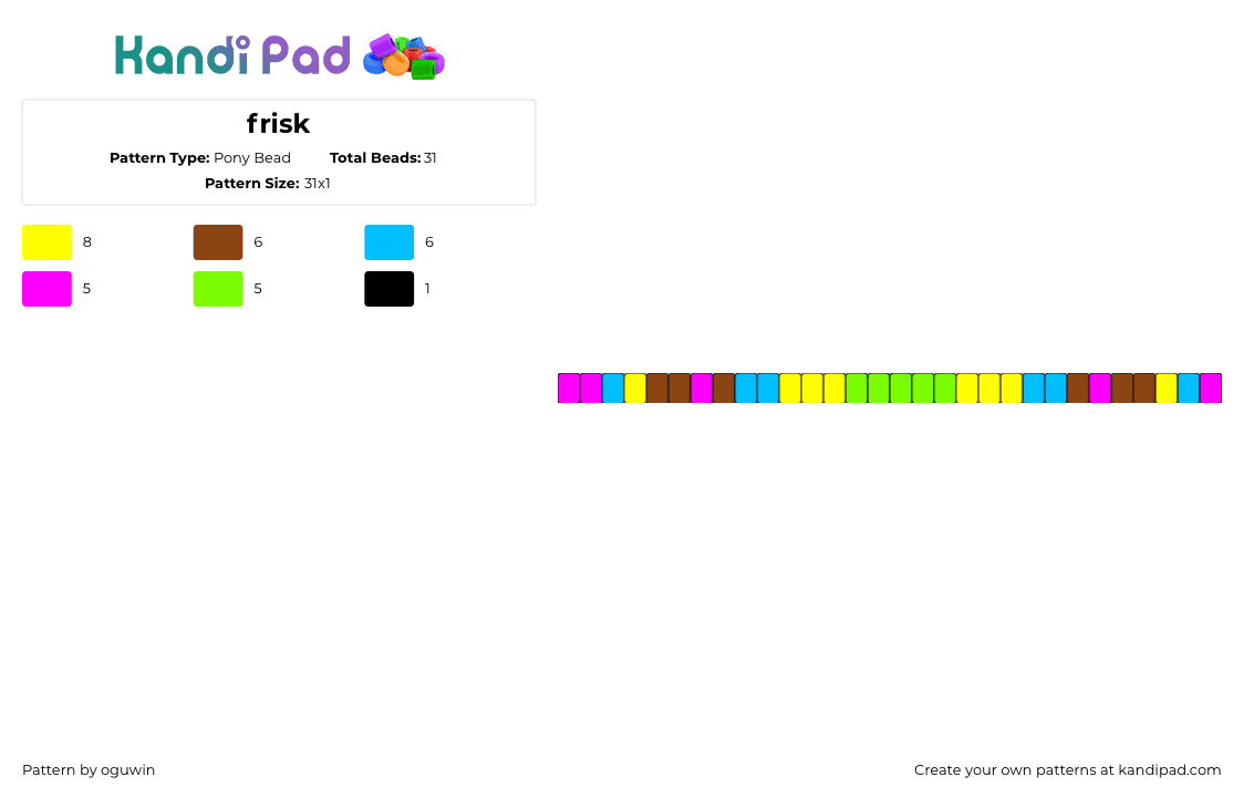 frisk (center green says frisk or human) - Pony Bead Pattern by oguwin on Kandi Pad - frisk,undertale,video game,single,bracelet,green,yellow,pink