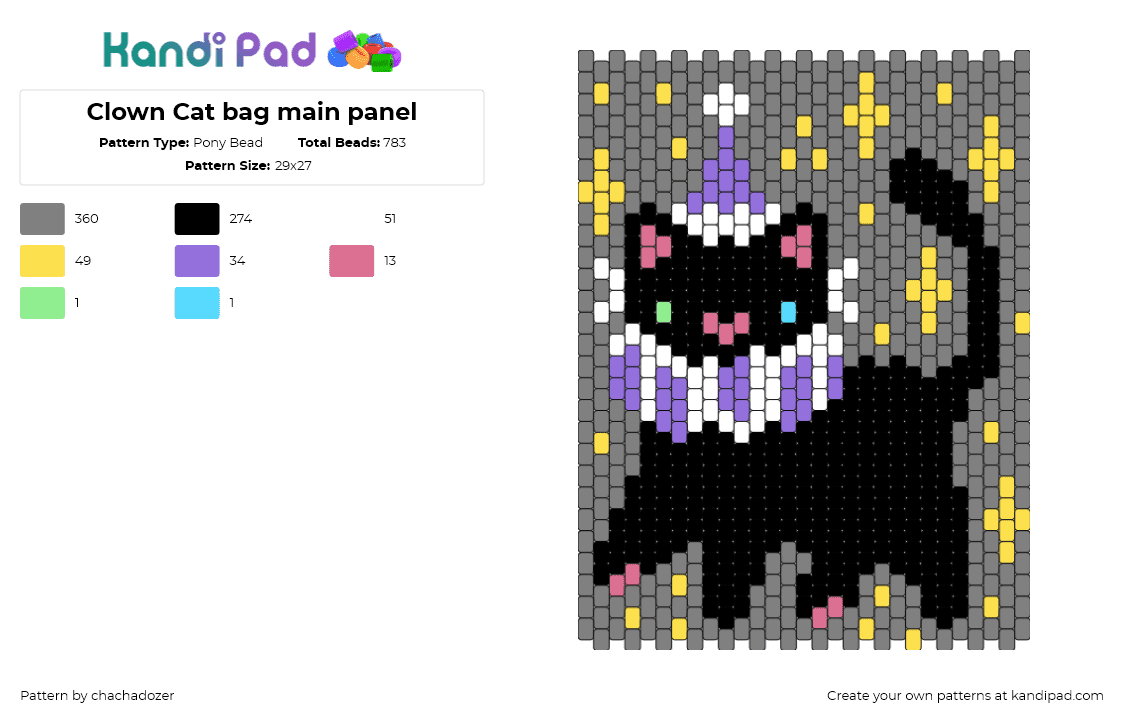 Clown Cat bag main panel - Pony Bead Pattern by chachadozer on Kandi Pad - cat,clown,party,sparkles,panel,bag,hat,black,gray,purple