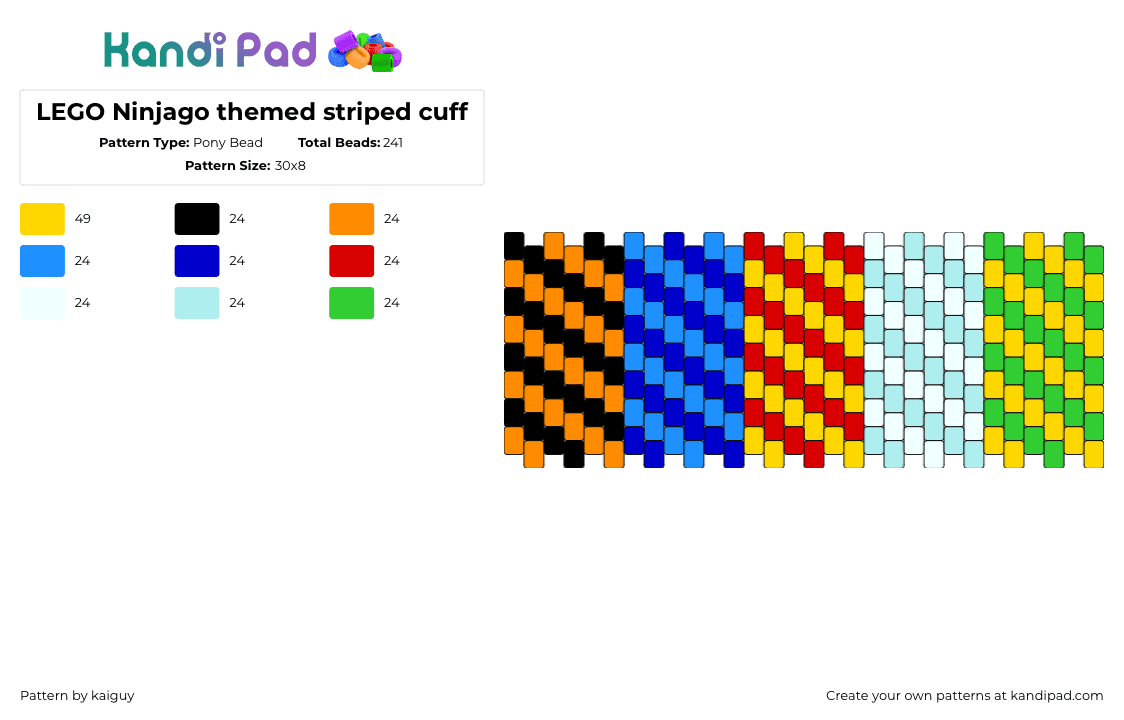 LEGO Ninjago themed striped cuff - Pony Bead Pattern by kaiguy on Kandi Pad - ninjago,lego,diagonal,stripes,movie,colorful,cuff,orange,blue,yellow,green