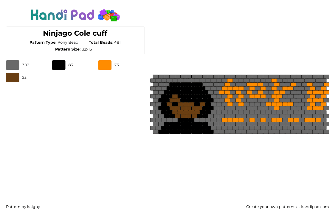 Ninjago Cole cuff - Pony Bead Pattern by kaiguy on Kandi Pad - cole,ninjago,cuff,movie,lego,gray,brown,orange