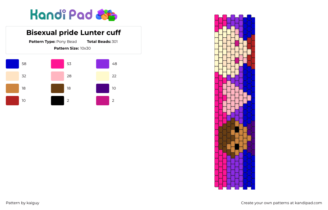 Bisexual pride Lunter cuff - Pony Bead Pattern by kaiguy on Kandi Pad - lunter,bisexual,pride,luz noceda,hunter,owl house,tv show,animation,cuff,heart,pink,purple,blue,tan