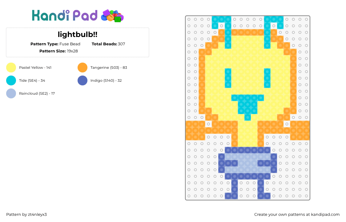 lightbulb!! - Fuse Bead Pattern by zt4nleyx3 on Kandi Pad - lightbulb,bfdi,character,animation,happy,yellow,blue,teal