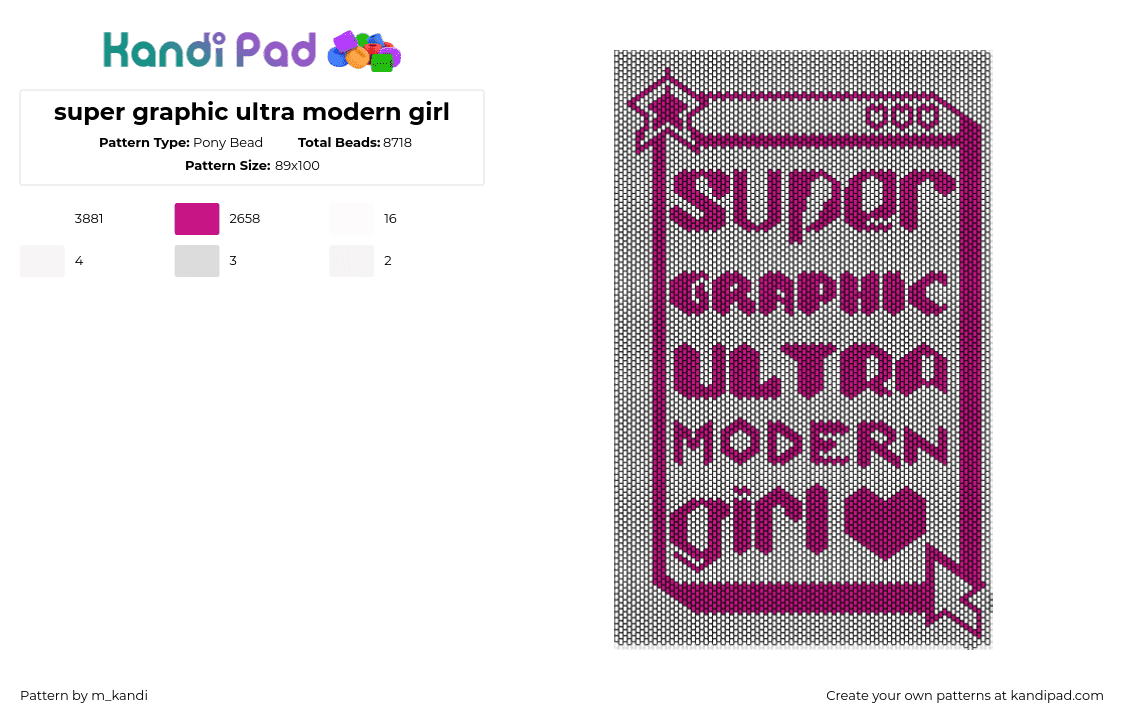 super graphic ultra modern girl - Pony Bead Pattern by m_kandi on Kandi Pad - chappell roan,super graphic ultra modern girl,music,panel,pink