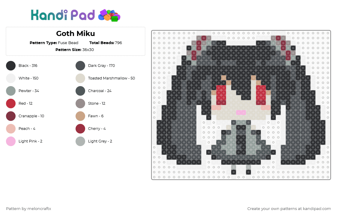Goth Miku - Fuse Bead Pattern by meloncraftx on Kandi Pad - beige,gray,miku,hastune miku,miku hastune