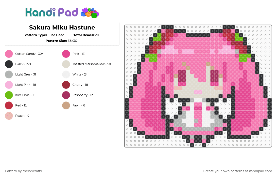 Sakura Miku Hastune - Fuse Bead Pattern by meloncraftx on Kandi Pad - pink,miku,hastune miku,miku hastune