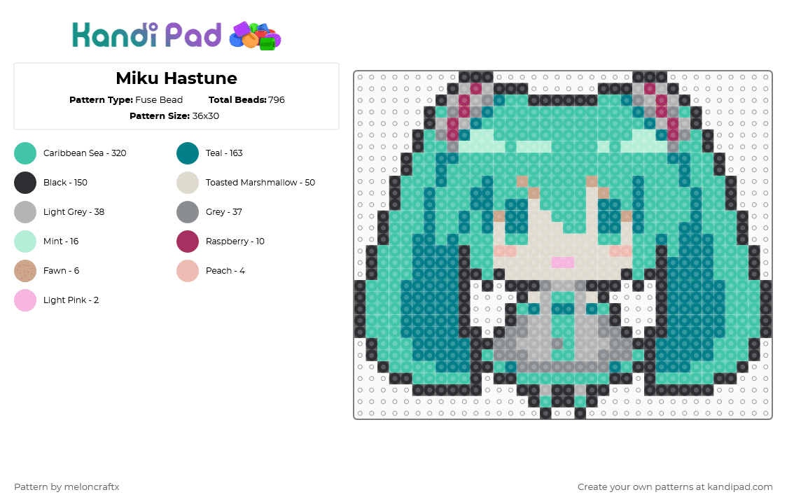 Miku Hastune - Fuse Bead Pattern by meloncraftx on Kandi Pad - teal,miku,hastune miku,miku hastune