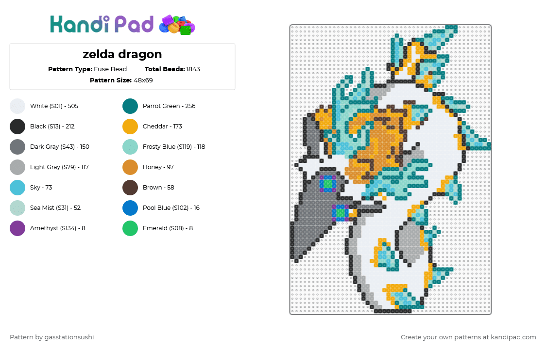 zelda dragon - Fuse Bead Pattern by meloncraftx on Kandi Pad - teal,gray,orange,light blue