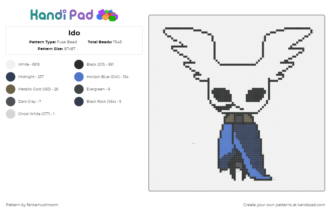 Ido - Fuse Bead Pattern by fantamushroom on Kandi Pad - ido,hollow knight,character,video game,cape,white,blue