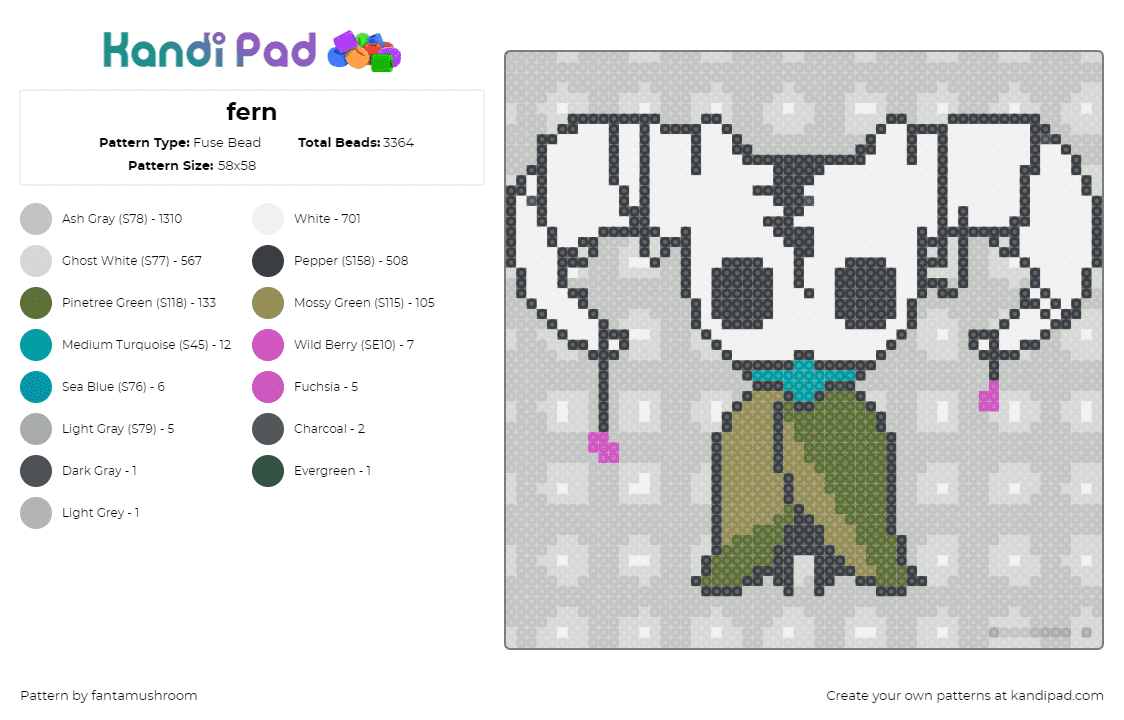 fern - Fuse Bead Pattern by fantamushroom on Kandi Pad - fern,hollow knight,video game,character,horned,spooky,white,green