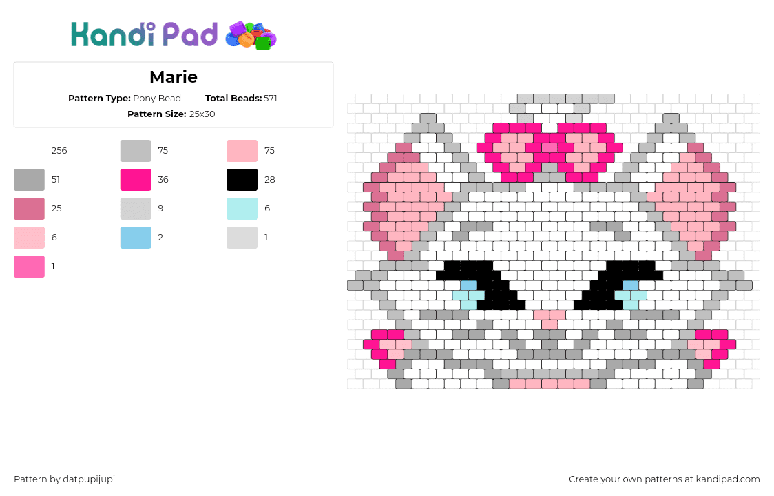 Marie - Pony Bead Pattern by datpupijupi on Kandi Pad - marie,aristocats,kitten,cute,character,disney,animation,movie,nostalgia,classic,white,pink