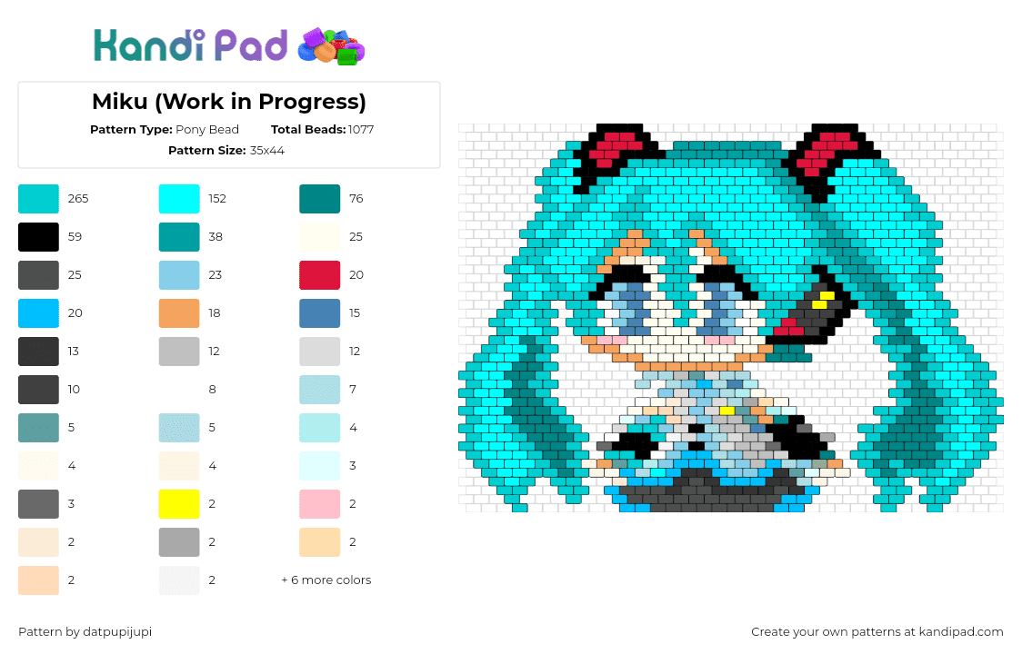 Miku (Work in Progress) - Pony Bead Pattern by datpupijupi on Kandi Pad - hatsune miku,vocaloid,character,cute,music,teal,light blue