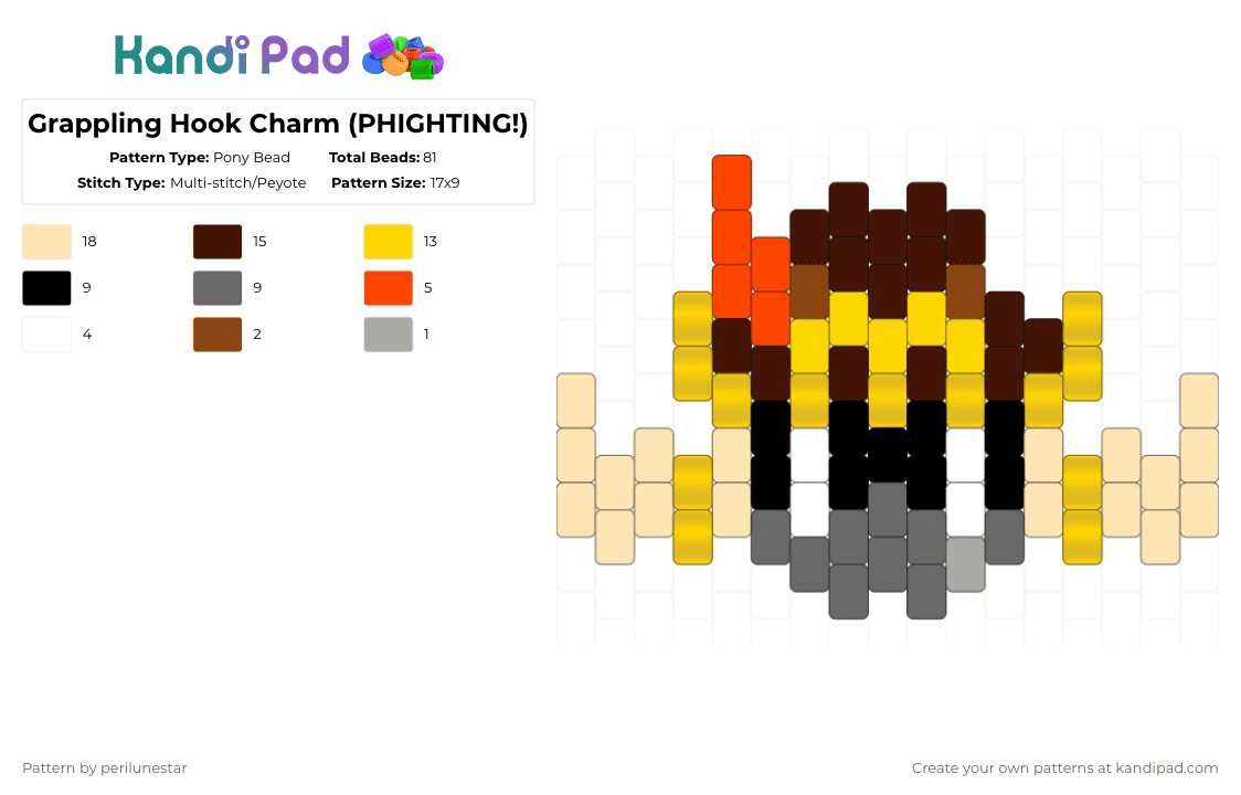 Grappling Hook Charm (PHIGHTING!) - Pony Bead Pattern by perilunestar on Kandi Pad - beige, brown, grappling hook, phighting, roblox, yellow