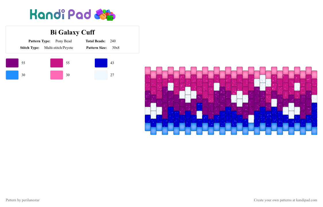 Bi Galaxy Cuff - Pony Bead Pattern by perilunestar on Kandi Pad - bisexual, galaxy, pink, pride, space, star