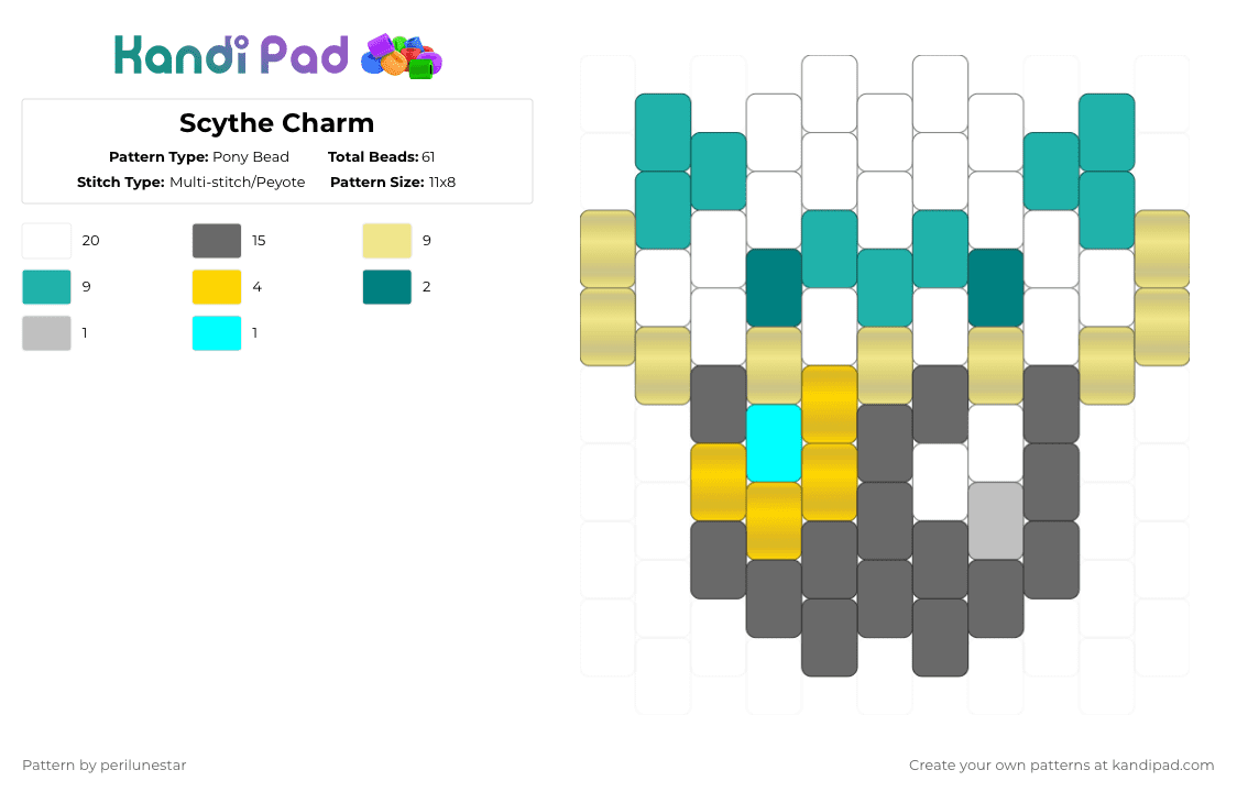 Scythe Charm (PHIGHTING!) - Pony Bead Pattern by perilunestar on Kandi Pad - yellow,teal,gray,phighting,roblox,scythe