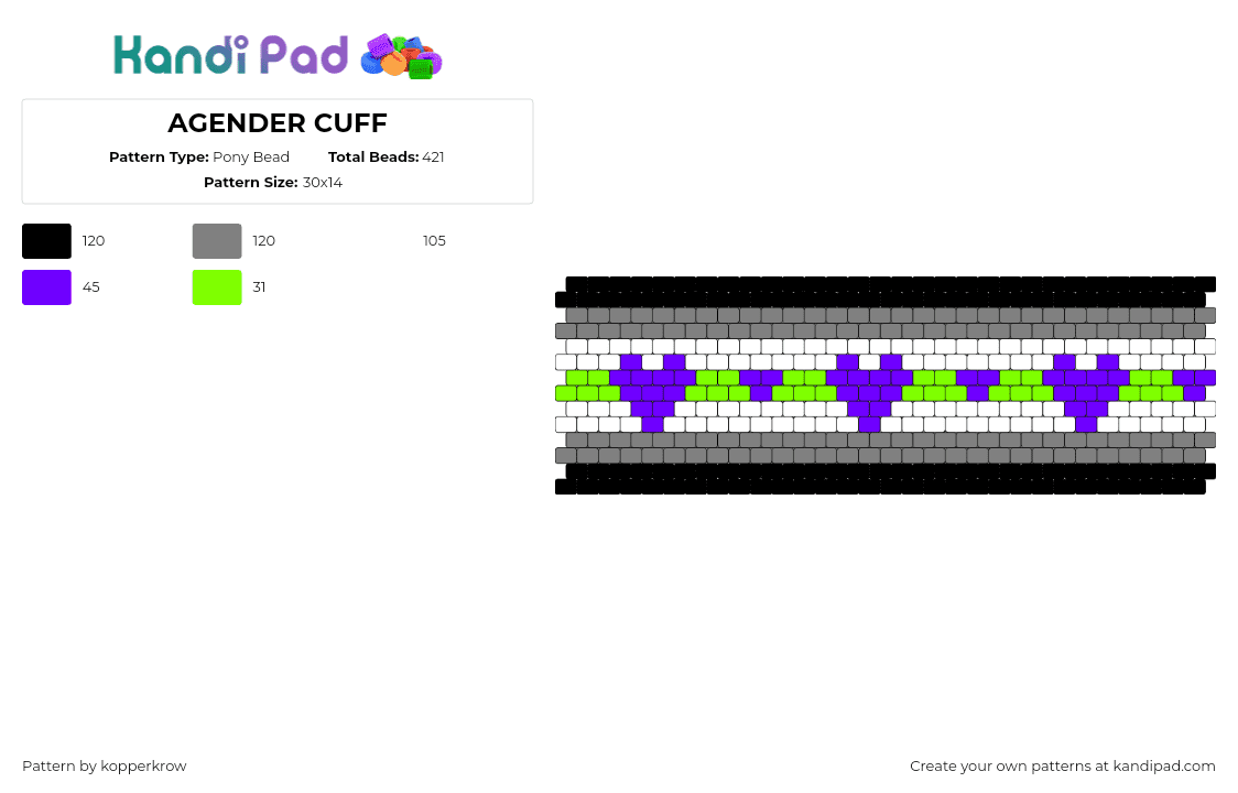 AGENDER CUFF - Pony Bead Pattern by kopperkrow on Kandi Pad - agender,pride,hearts,repeating,cuff,community,gray,purple,green