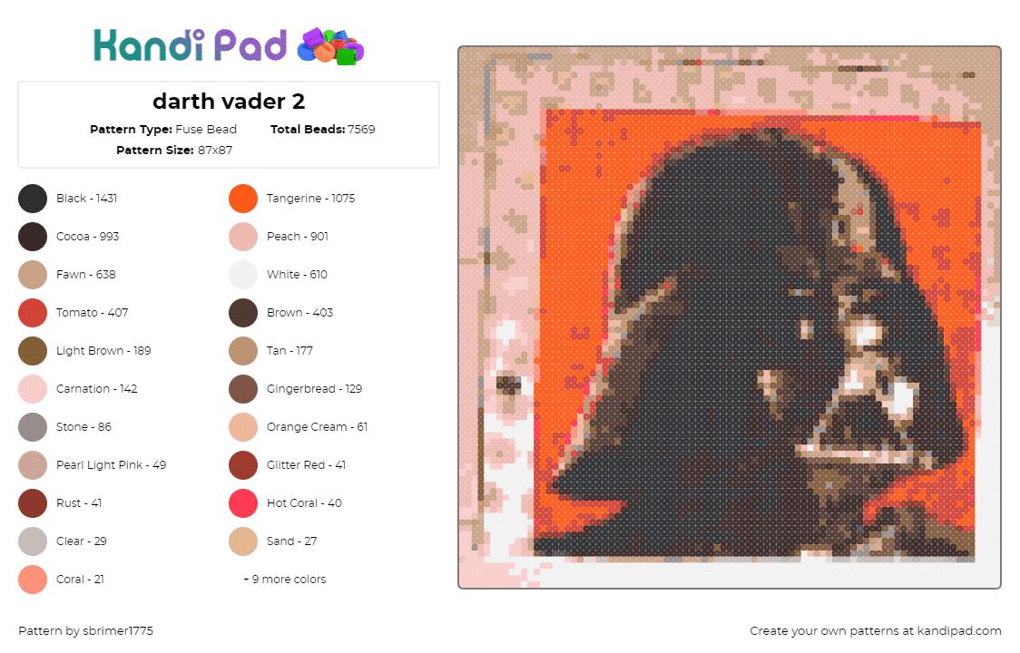 darth vader 2 - Fuse Bead Pattern by sbrimer1775 on Kandi Pad - darth vader,star wars,portrait,scifi,movie,black,orange