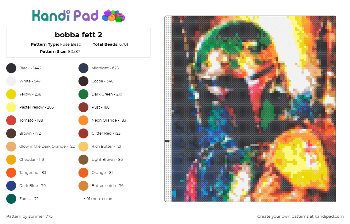 bobba fett 2 - Fuse Bead Pattern by sbrimer1775 on Kandi Pad - boba fett,star wars,bounty hunter,portrait,scifi,movie,green,orange