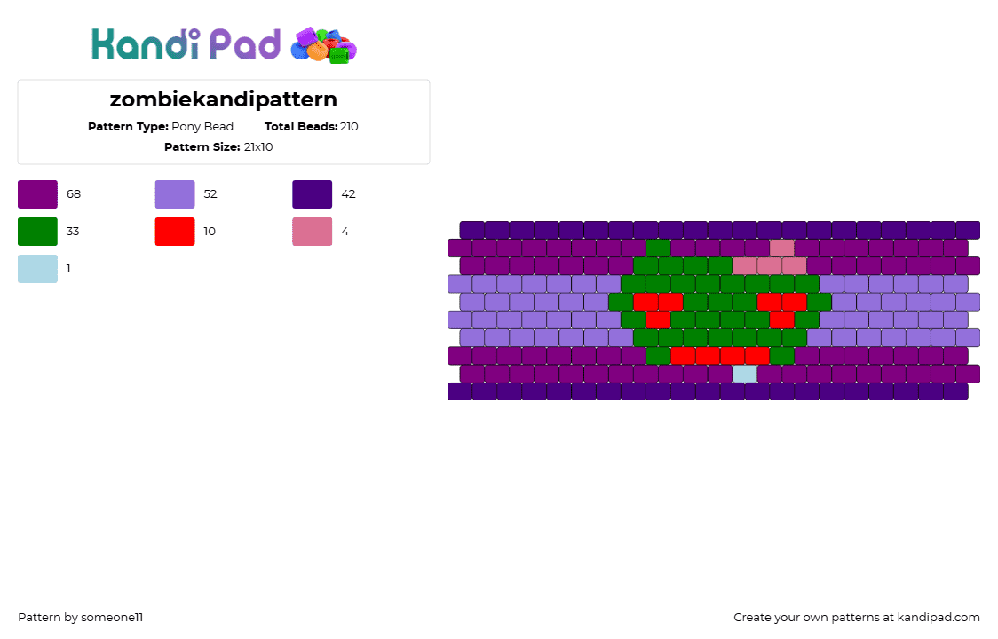 zombiekandipattern - Pony Bead Pattern by someone11 on Kandi Pad - zombie,spooky,halloween,horizontal,stripes,cuff,brain,purple,green