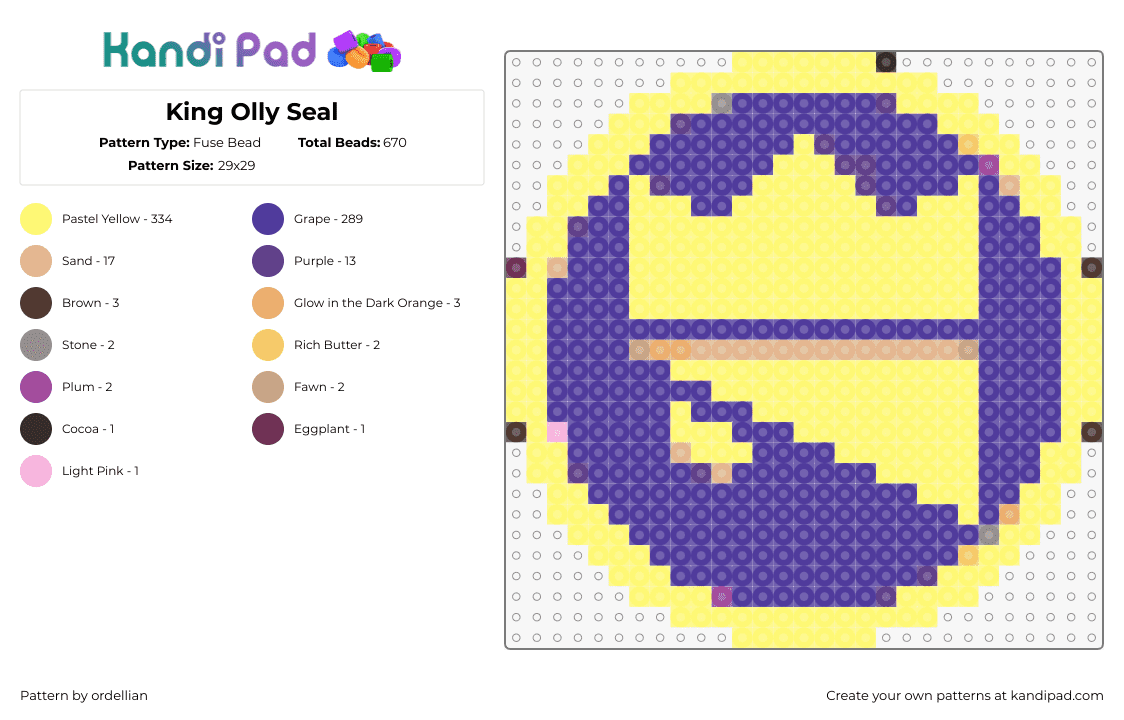 King Olly Seal - Fuse Bead Pattern by ordellian on Kandi Pad - king olly,origami,mario,crest,logo,coing,video game,nintendo,yellow,purple