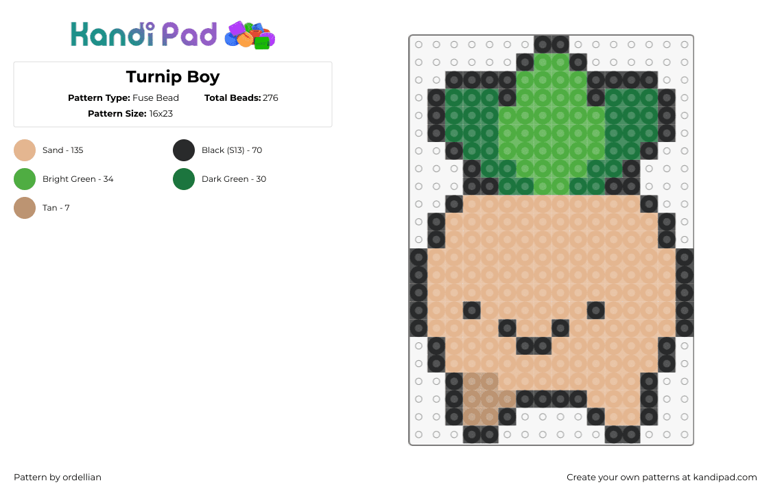 Turnip Boy - Fuse Bead Pattern by ordellian on Kandi Pad - turnip boy,turnip boy commits tax evasion,character,video game,cute,silly,smile,plant,tan,green