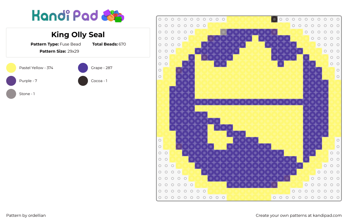 King Olly Seal - Fuse Bead Pattern by ordellian on Kandi Pad - king olly,origami,mario,crest,logo,coing,video game,nintendo,yellow,purple