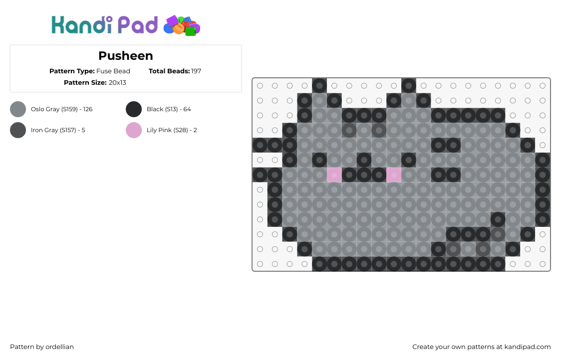 Pusheen - Fuse Bead Pattern by ordellian on Kandi Pad - pusheen,cat,character,cute,gray