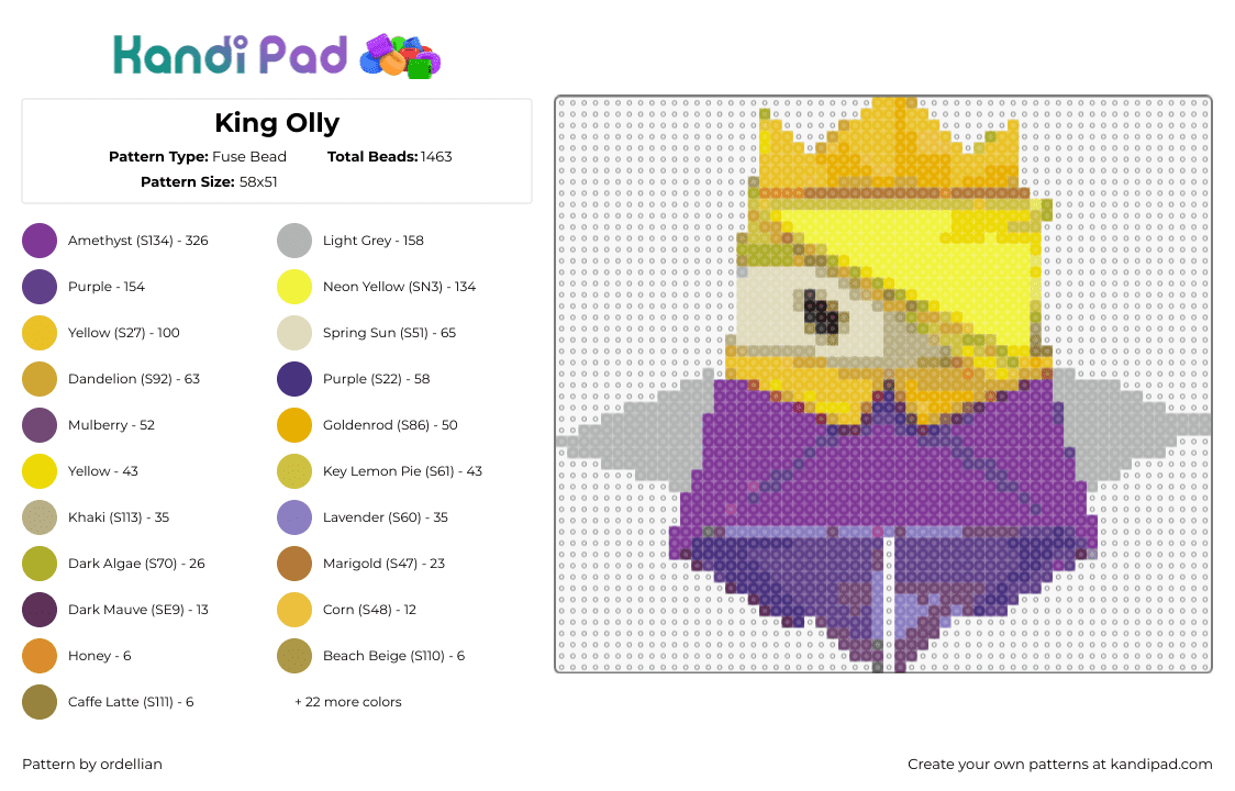 King Olly - Fuse Bead Pattern by ordellian on Kandi Pad - king olly,origami,mario,character,video game,nintendo,crown,yellow,purple,beige