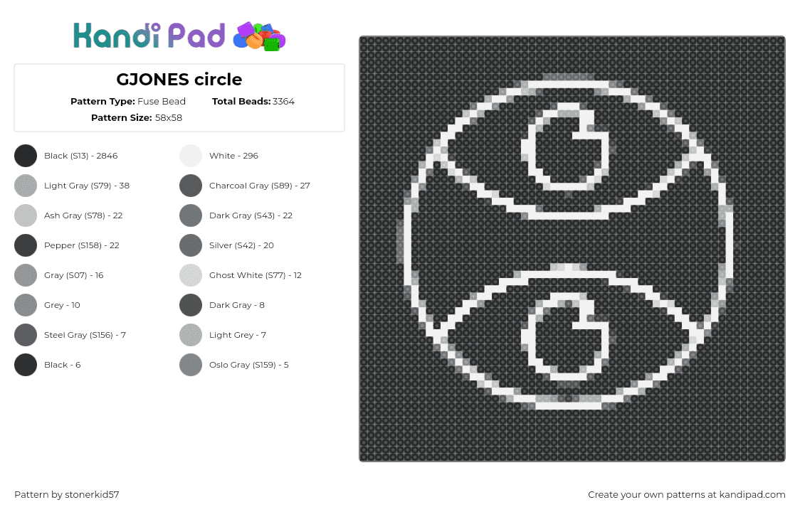 GJONES circle - Fuse Bead Pattern by stonerkid57 on Kandi Pad - gjones,logo,geometric,dj,edm,music,white,black