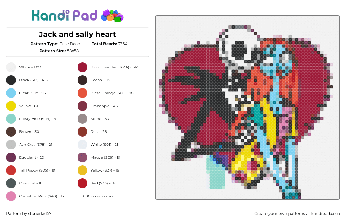 Jack and sally heart - Fuse Bead Pattern by stonerkid57 on Kandi Pad - jack skellington,sally,nightmare before christmas,love,heart,movie,christmas,characters,colorful,red,black,light blue,yellow