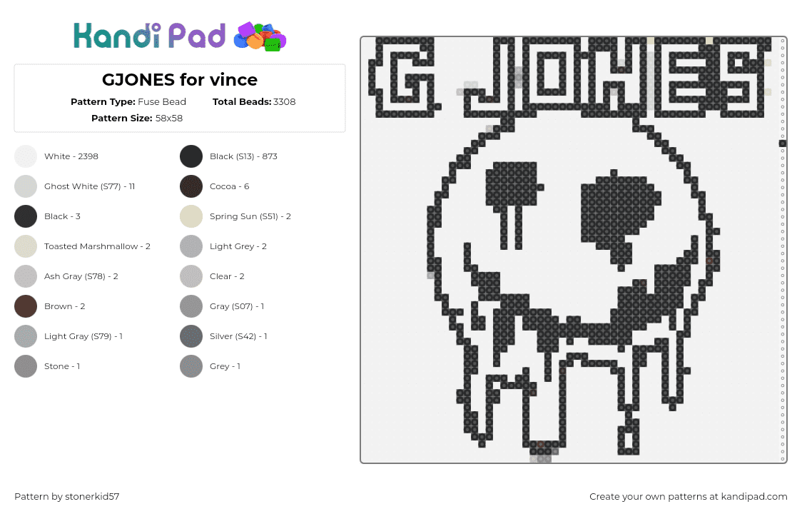 GJONES for vince - Fuse Bead Pattern by stonerkid57 on Kandi Pad - g jones,smiley,melting,spooky,dj,music,edm,white,black