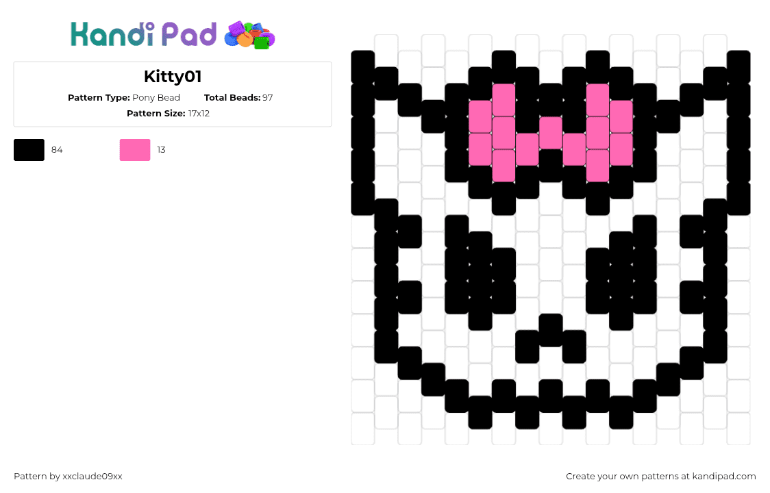 Kitty01 - Pony Bead Pattern by xxclaude09xx on Kandi Pad - hello kitty,sanrio,bow,charm,outline,black,pink