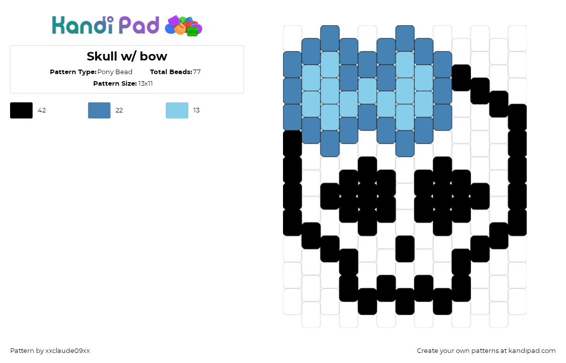 Skull w/ bow - Pony Bead Pattern by xxclaude09xx on Kandi Pad - skull,bow,monster high,outline,charm,simple,black,light blue