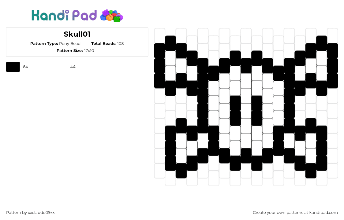 Skull01 - Pony Bead Pattern by xxclaude09xx on Kandi Pad - skull,crossbones,simple,cute,spooky,halloween,white,black