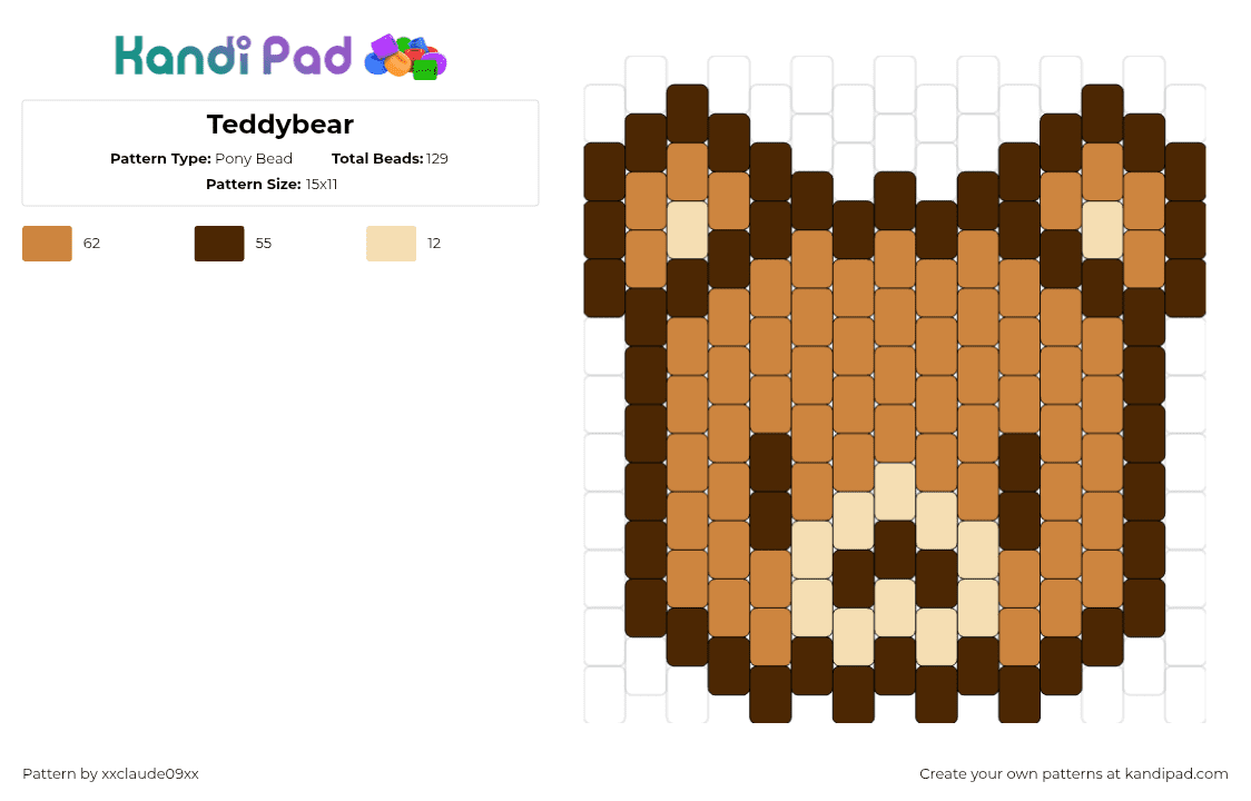 Teddybear - Pony Bead Pattern by xxclaude09xx on Kandi Pad - teddy,bear,charm,head,cute,animal,tan,brown