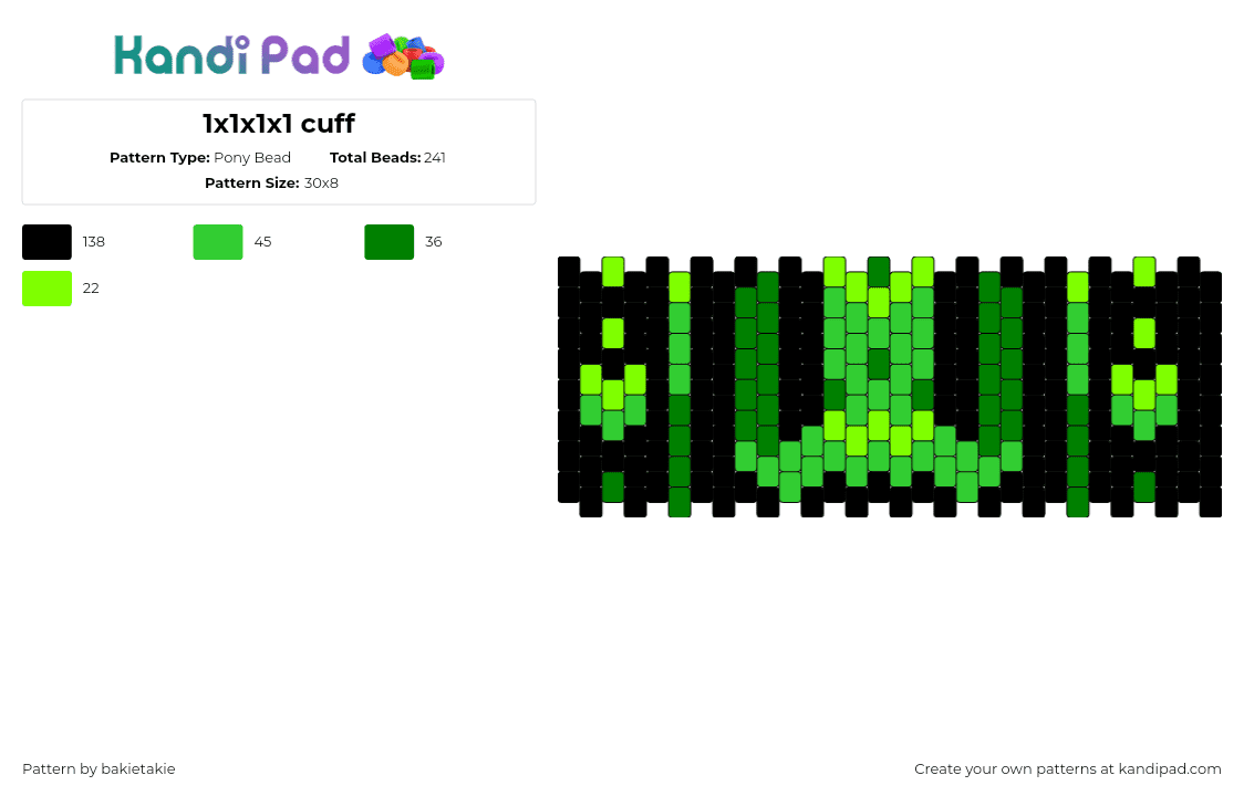 Roblox 1x1x1x1 cuff - Pony Bead Pattern by bakietakie on Kandi Pad - roblox,1x1x1x1,neon,dark,video game,cuff,green,black