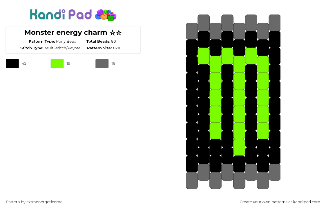 Monster energy charm ☆☆ - Pony Bead Pattern by extraenergeticemo on Kandi Pad - monster,energy,logo,drink,charm,monster energy,energy drink,food,green,gray