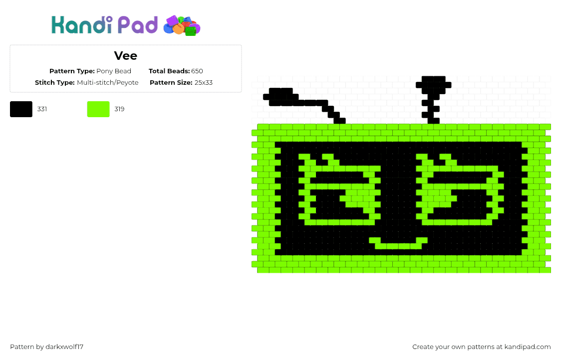 Vee - Pony Bead Pattern by darkxwolf17 on Kandi Pad - green,black,dandys world,vee,veedw,dw,veeversionone,characters,vee version one