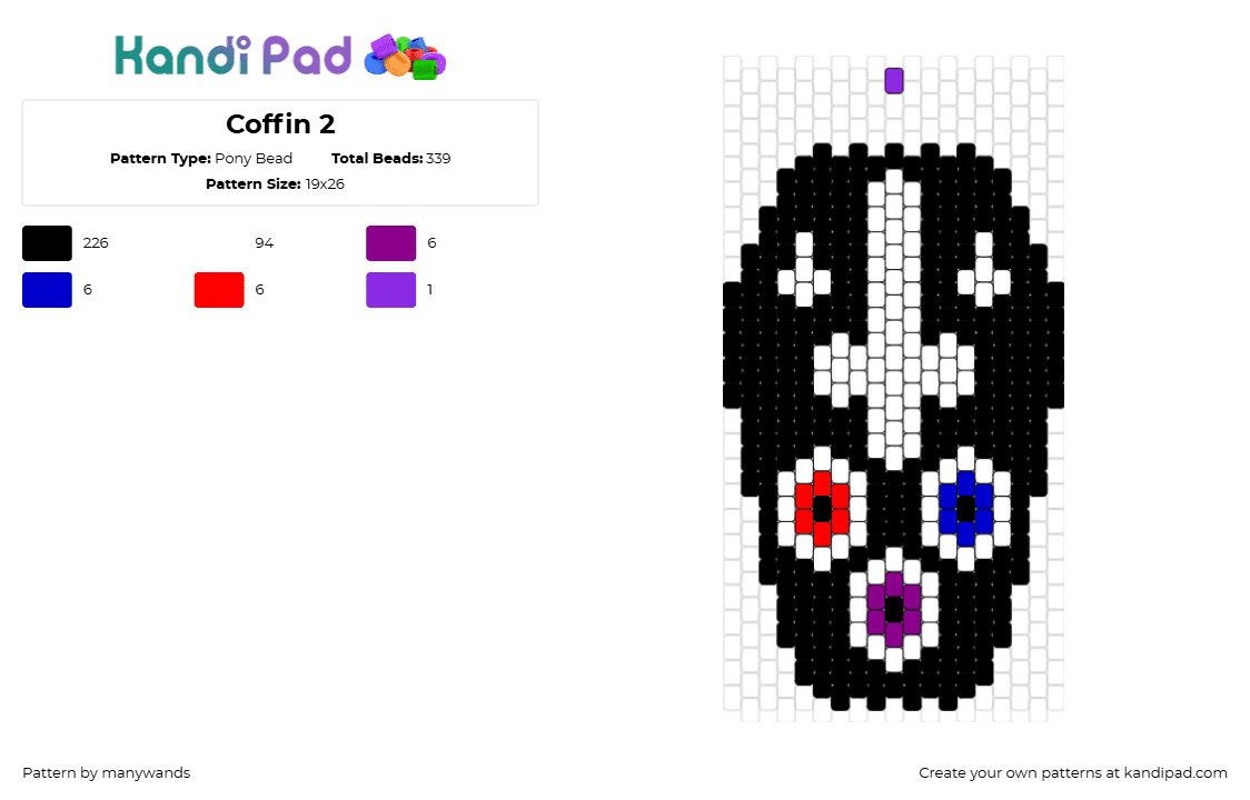 Coffin 2 - Pony Bead Pattern by manywands on Kandi Pad - coffin,cross,eyeballs,spooky,halloween,black,white