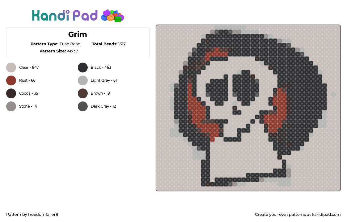 Grim - Fuse Bead Pattern by freedomfaller8 on Kandi Pad - grim,billy and mandy,reaper,death,skull,head,cartoon,character,tv show,white,black