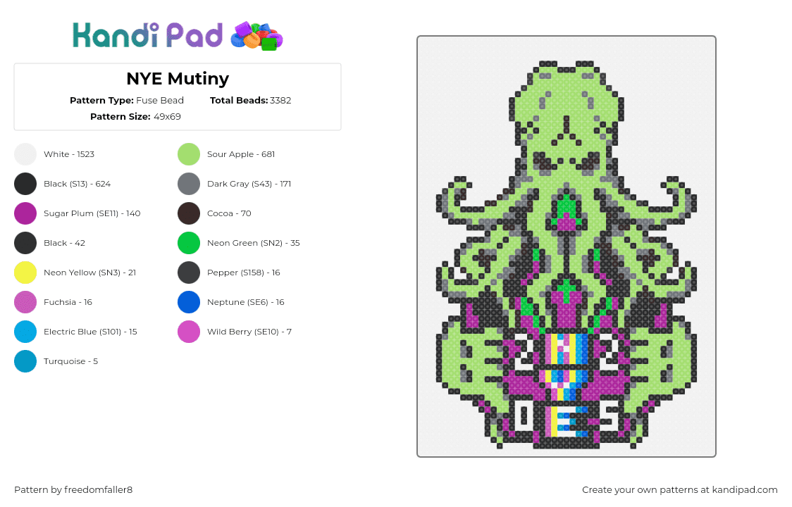 NYE Mutiny - Fuse Bead Pattern by freedomfaller8 on Kandi Pad - mutiny,nye,octopus,new years eve,logo,music,green,purple