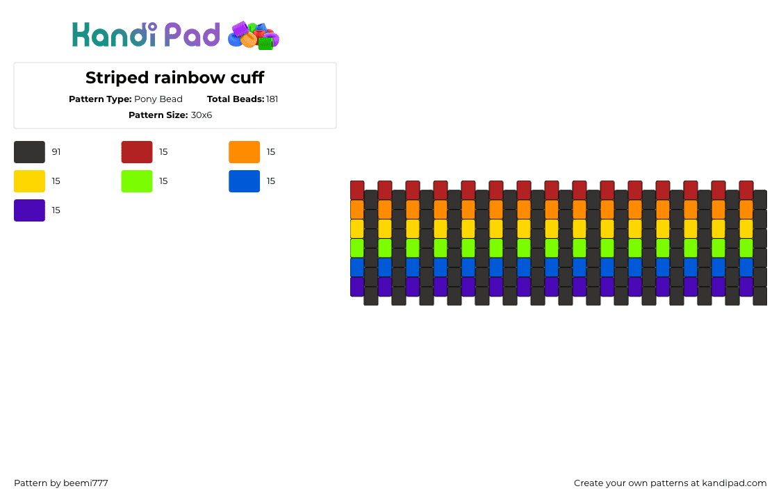 Striped rainbow cuff - Pony Bead Pattern by beemi777 on Kandi Pad - rainbow,vertical,stripes,cuff,colorful,black